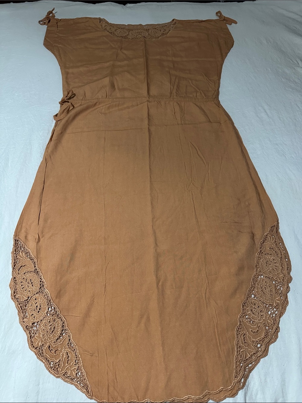 Boho Tie-Shoulder Midi Dress in Camel with Crochet Hem